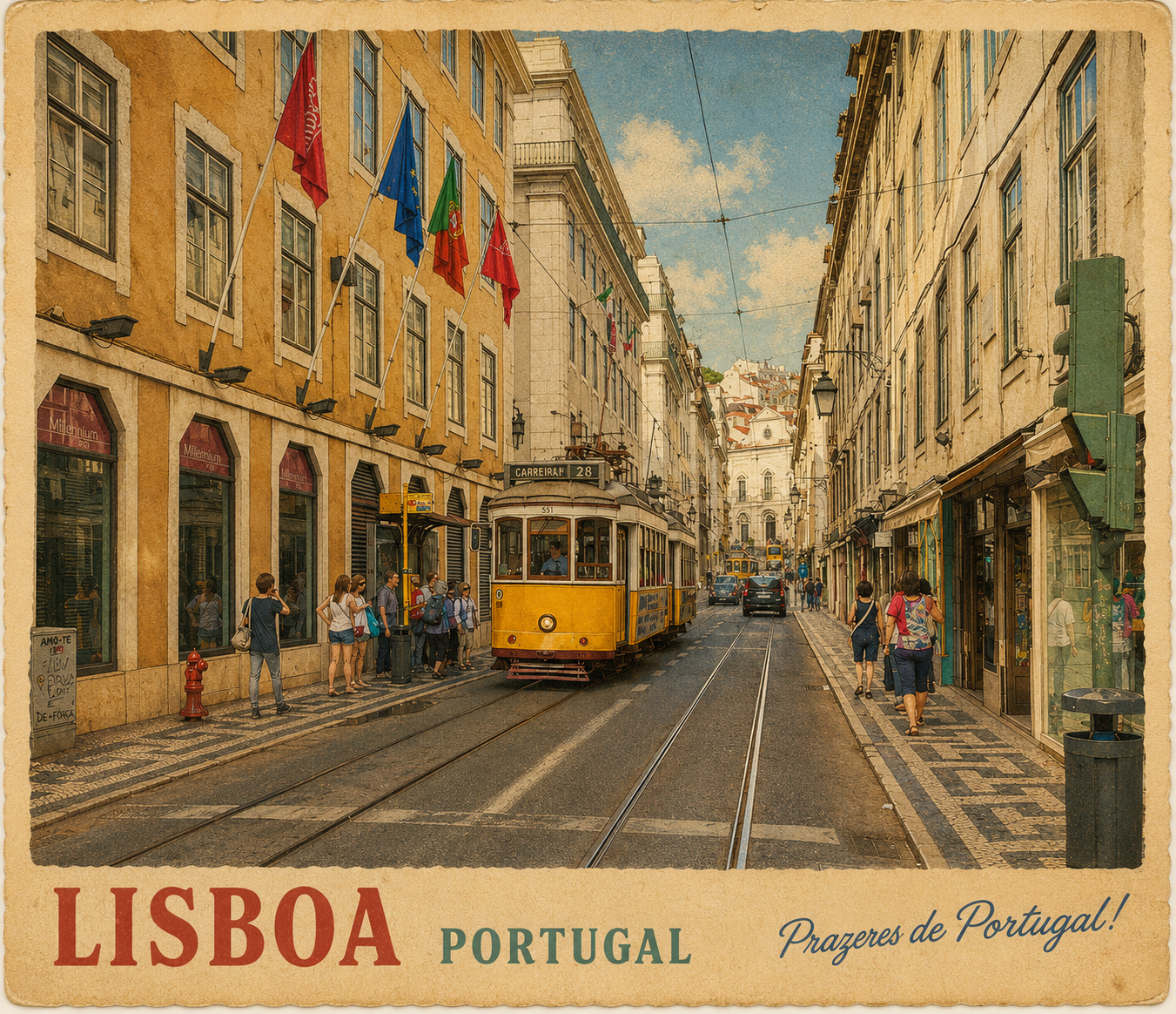 Vintage postcard style view of a yellow tram in Lisbon, Portugal