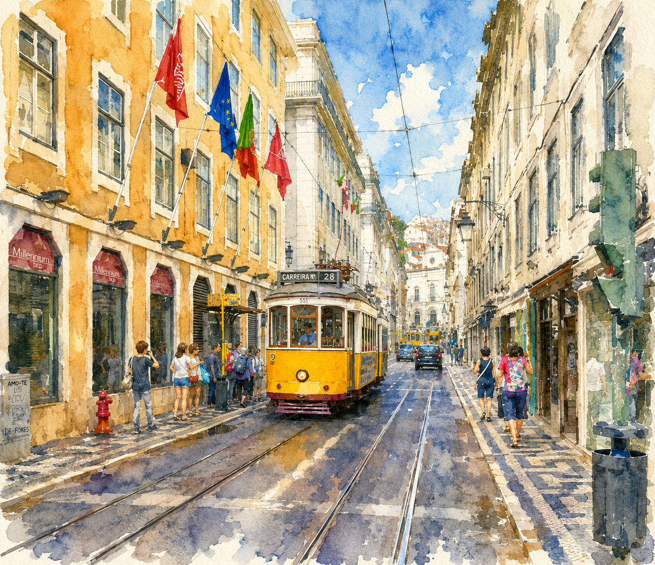 Lisbon tram transformed into a watercolor postcard style