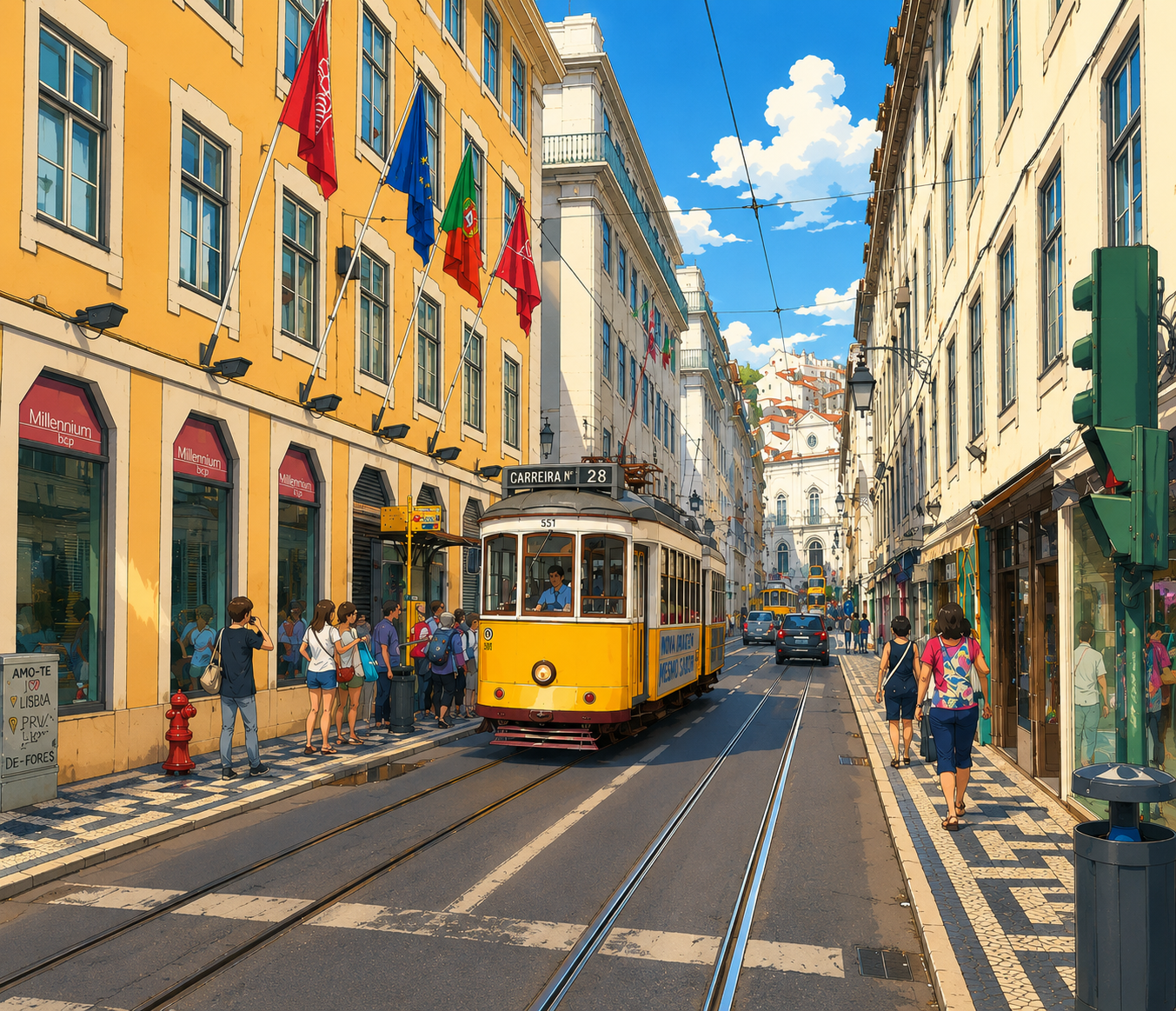 Lisbon tram transformed into an anime postcard style